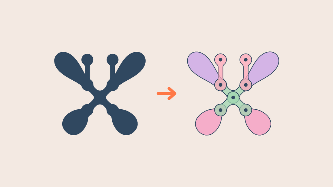De schaduw van een Clixo-vlinder naast de onderdelen waaruit hij is opgebouwd