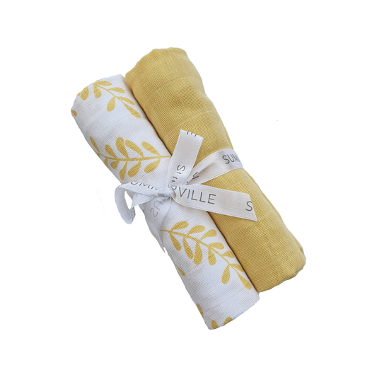 2-pack biologische mousseline dekens Floral Sun Yellow (genormaliseerd)